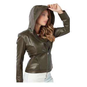 Blouson aviateur en cuir véritable pour femmes avec capuche imperméable en coton rempli de style streetwear quotidien et formel - Product Image 1