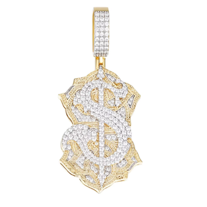 Pendentif en forme de dollar de style vintage opulent plaqué or 14 carats et rhodium avec pierres en moissanite VVS, cadeau - Product Image 1