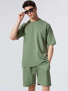 Ensembles de t-shirts et shorts en coton 100% avec logo personnalisé pour hommes, survêtement uni surdimensionné de coupe large, streetwear d'été respirant à la mode - Product Image 5