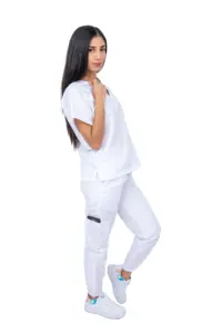 Women's Surgical Jogger White Scrub Set Short Sleeve Mao-Neck Top And Jogger Pants Custom