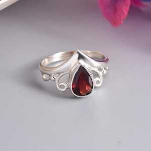 Sterling <b>Silver</b> Teardrop <b>Garnet</b> <b>Ring</b> Vintage Inspired Filigree Design January Birthstone Jewelry Handmade Gemstone <b>Ring</b> - Product Image 1