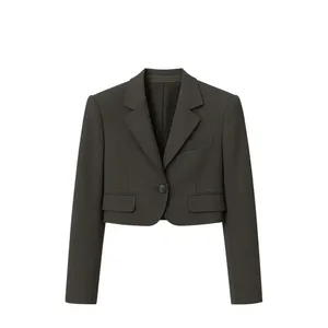 Blazer corto de mujer con doble botonadura y hombreras, estilo esmoquin, bordado no tejido, cuello con muescas, manga larga - Product Image 1