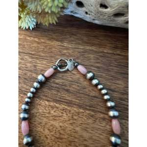 Navajo Styled Pink Coral & Sterling Silver Beaded <b>Bracelet</b> with <b>Graduated</b> Pearls Ball Shape for Gifts - Product Image 5