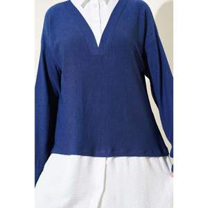 Ensemble 2 Pièces Tunique Chemise Garnie en Crêpe Bleu Marine - Product Image 1