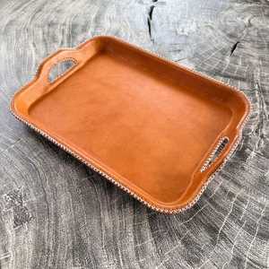 Handmade Leather Serving Tray with Handles Durable Stylish Tray for <b>Kitchen</b> or Dining <b>Table</b> Decor Best Quality - Product Image 1