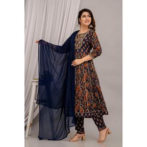 Conjunto de pantalones Anarkali Kurta con bordado Floral para mujer azul marino Dupatta bordado Floral elegante para festivales especiales - Product Image 3