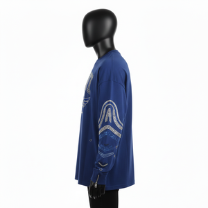 T-shirt à manches longues en coton et polyester de qualité supérieure, toucher doux, couleur bleue, strass thermocollés, logo personnalisé, t-shirt pour homme - Product Image 3