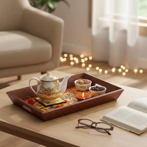 Bandeja de servicio impresa de madera hecha a mano decorativa con ilustraciones indias únicas para uso doméstico y hotelero a precio mayorista - Product Image 1