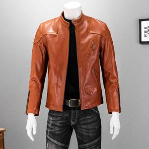 เสื้อแจ็กเก็ตหนังแท้สำหรับผู้ชาย, เสื้อโค้ทหนัง5XL ปกตั้งหนังม้าธรรมชาติสีส้มฤดูใบไม้ร่วง - Product Image 3