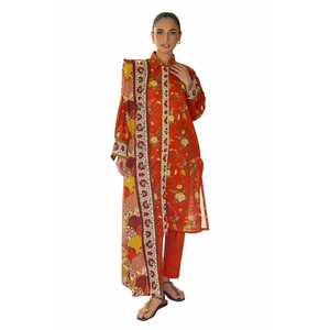 Salwar Kameez imprimé en coton indien pakistanais pour femmes, rouge, non cousu, 3 pièces - Product Image 2