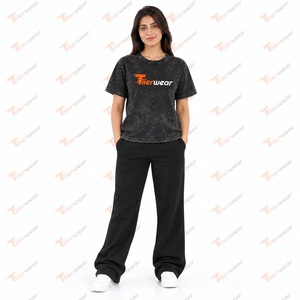 T-shirt décontracté pour femme Tiierwear en coton noir délavé, col rond, manches courtes, coupe ample, avec logo imprimé, toutes saisons, en tissu jersey - Product Image 2