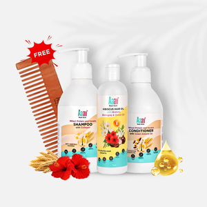 Huile capillaire à l'hibiscus + Shampooing à la kératine et aux protéines de blé + Après-shampoing + Peigne en acajou (Ensemble de 4 articles) - Ensemble de réparation capillaire liquide - Product Image 1