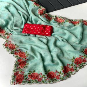 VASTRA COTTAGE Pure <b>Satin</b> Georgette <b>Saree</b> with Motif Embroidery All Over Beautiful Lace Border and Contrast Bandhani Blouse - Product Image 3