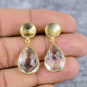 White Topaz Gemstone Dangle Drop <b>Earrings</b> 925 Sterling Silver <b>Gold</b> Plated Trendy Party Gift Handmade Pear Shape Statement - Product Image 2