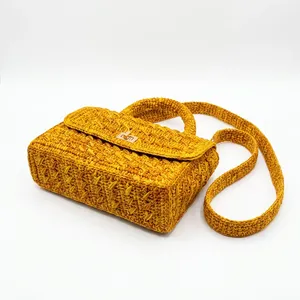 Crochet Raffia Women's Shoulder <b>Bag</b> Lock Closure Vintage Bohemian Summer Hollow Pattern Two Handles Adjustable <b>Strap</b> Yellow - Product Image 3