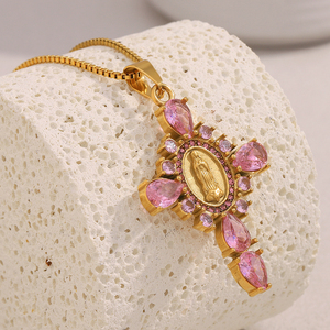 Dreamshow la Vierge <span class=keywords><strong>Marie</strong></span> Collier pendentif croix Zircon <span class=keywords><strong>rose</strong></span> <span class=keywords><strong>Bijoux</strong></span> Collier en acier inoxydable plaqué or - Product Image 1