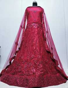 Lehenga choli ตาข่ายทำงานเลื่อมหนาชุดที่ทันสมัยสำหรับปาร์ตี้ฤดูร้อน2.8m Flair 1.2M ทำงาน choli ขอบ4ด้านข้าง4M dupatta ลูกพีชสีชมพู - Product Image 4