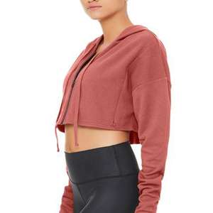 Custom Women Boxy Oversized Cropped Autumn Winter 3D Embroidery <b>Hoodie</b> 100% Cotton French Terry <b>Fleece</b> Pullover <b>Zip</b>-<b>Up</b> - Product Image 5