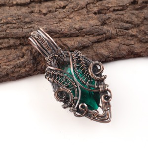 Green <b>Emerald</b> Quartz Gemstone Pear Cut Copper Wire Wrapped Fashion <b>Pendant</b> Necklace Oxidized Silver Wedding Anniversary Gift - Product Image 3