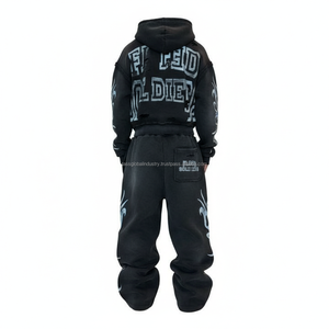 Conjuntos de sudaderas con capucha y pantalones de chándal casuales de invierno de corte holgado personalizado, con estampado tecnológico Y2K, de forro polar, con cordón, lavado ácido, bordados y pedrería - Product Image 6