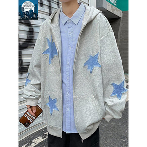 เสื้อฮู้ดซิปสีเทาแบบยูนิเซ็กซ์ แต่งดาวสีน้ำเงิน ทรงโอเวอร์ไซส์ ผ้าถักนิตติ้งลำลอง ใส่ได้ในฤดูใบไม้ร่วง - Product Image 4