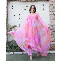 Layla Pembe Tie Dye Saf Şifon 3 Parçalı Takım Elbise XXL Beden Dokuma Örgü Dantel Uzun Tam Tatlı İlkbahar/Yaz Çevre Dostu