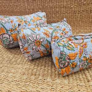 Indian <b>quilted</b> hand block print cotton cosmetic <b>bag</b> Toiletry <b>bag</b> <b>Makeup</b> pouch Accessory case Women's travel <b>bag</b> Handmade Kantha - Product Image 3