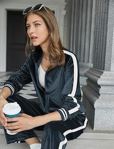 Women's Stylish Cozy Velvet Lounge <b>Tracksuit</b> 2-Piece Velour Outfit Zip-Up Top Sweatpants Pockets Breathable Stylish Loungewear - Product Image 2
