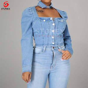 Chaquetas clásicas informales recortadas de mezclilla para mujer con cuello único, Chaqueta vaquera azul lavada con bolsillos abotonados para mujer - Product Image 2