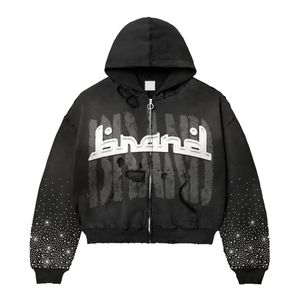 Streetwear Rhinestone personnalisé Boxy 450gsm surdimensionné poids lourd en détresse 500gsm lavage à l'acide sweat à capuche zippé pour hommes - Product Image 6
