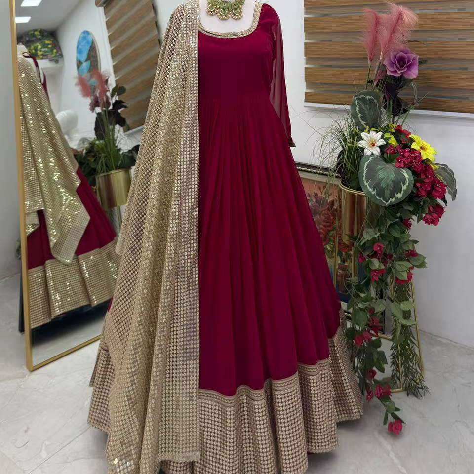 green emerald velvet dress Leilyn-Traditional Bridal Gold Tissue Gown with Maroon Chiffon Dupatta –  Pakistani Moda main image 1