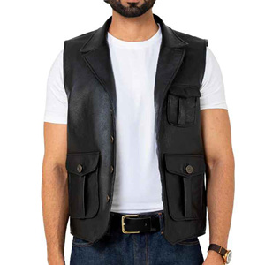 Beautifully Designed Men's <b>Black</b> Leather <b>Vest</b> Fashionable Winter Outer Wear Front Hook Fastening Breathable Zipper Customized - Product Image 3