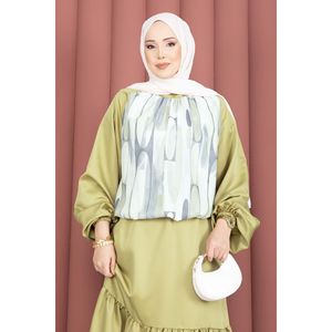 Conjunto de Dos Piezas en Satén Verde Oliva con Falda Estampada, Sin Cuello, Talla XS, para Primavera/Verano - Product Image 2