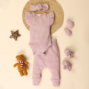 <b>Cot</b> and Candy Blush Pink Organic Bamboo Elastane Baby Clothing <b>Sets</b> Premium Quality Pack of 5 with Headband and Shortsleeve - Product Image 1