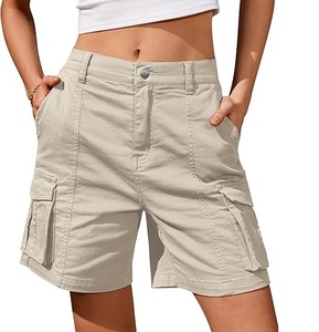 Pantalones cortos Cargo con estilo para mujer de algodón 100%, pantalones transpirables con múltiples bolsillos, pantalones cortos informales con 6 bolsillos de patrón sólido - Product Image 4