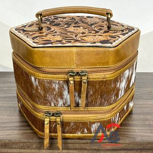 Elegant Luxury Portable Hand Tooled Cow Leather Jewelry Ring Earring Necklace Storage <b>Case</b> Zipper Travel Jewelry Box Organizer - Product Image 1