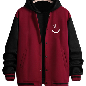 Venta caliente de alta calidad personalizada Varsity chaqueta con capucha cuello alto con expresión estampado Colorblock y hombro caído - Product Image 1