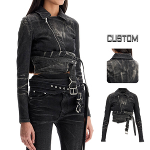 แจ็กเก็ตยีนส์มีซิปสำหรับผู้หญิงสีดำวินเทจออกแบบได้ตามต้องการเสื้อคลุมลำลองคุณภาพระดับพรีเมียมเข็มขัดด้านหน้าปัก Y2K ผ้าฝ้าย - Product Image 2