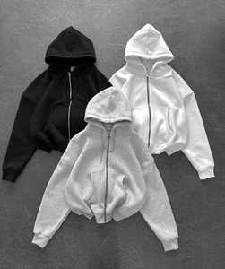 Sudadera con capucha de 100% algodón para hombre Street-Style Heavyweight con cremallera, estampado, diamantes de imitación aplicados con calor y acabado de lavado ácido - Product Image 1