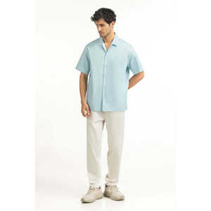 <b>Men's</b> Casual <b>Shirts</b> Double Breasted <b>Light</b> <b>BLUE</b> with Satin Poplin Fabric 100% Cotton Breathable Regular Fit Summer ODM Supply - Product Image 1