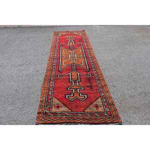 3.4x10.7 ft Vintage Rug, Turkish <b>Runner</b> Rug, <b>Red</b> Orange Floral Rug - Product Image 5