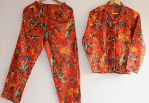 Ensemble de pyjama indien fait à la main en coton pour femmes robe de nuit imprimée oiseau floral vêtements de nuit bleus vêtements de nuit été caractéristiques sexy Meilleure vente - Product Image 3