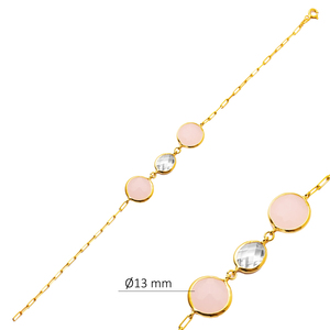 Round Pink Quartz CZ 22K Gold Bezel Silver <b>Chain</b> Bracelet 925 Sterling Silver Handmade Women's Jewelry Gift Party - Product Image 3