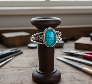 Handcrafted Natural Amazonite Cabochon 925 Sterling Silver Beaded Bracelet 14k <b>Gold</b> Bohemian Men's Size Adjustable Open - Product Image 5