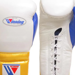 ถุงมือชกมวยแบบผูกเชือก Winning สีขาว น้ำเงิน ทอง หนังแท้คุณภาพพรีเมียม สำหรับฝึกซ้อมและแข่งขันระดับมืออาชีพ คุณภาพระดับอีลิท - Product Image 2