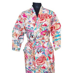 Kimono largo de algodón elegante con cuello en V y cordón, hecho a mano en India, para mujer, ropa de dormir al por mayor - Product Image 3