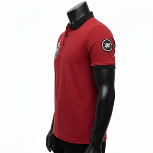 Camiseta polo para hombre, algodón poliéster piqué, 220 GSM, transpirable, rojo, negro, cuello, mangas, panel con rayas, logotipo con parche bordado personalizado - Product Image 5