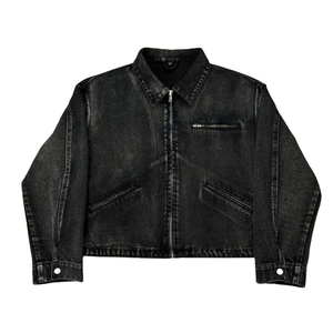 Wholesale Custom Varsity Zip-up <b>Work</b> <b>Jean</b> Jacket for <b>Men</b> 2025 Black Acid Wash Cropped Denim Outwear for Autumn and Winter - Product Image 1