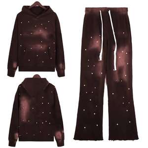 Conjunto Deportivo de Invierno Extra Grande, de Felpa Gruesa, Ecológico, con Sudadera con Capucha y Pantalones Estilo Vintage Lavado, Parches de Llamas y Gráficos de Diamantes de Imitación, Unisex - Product Image 1