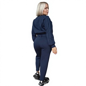 Conjunto de Pantalones Deportivos de Forro Polar Transpirable con Capucha y Mangas Largas en Azul Marino para Mujer, con Bolsillos Laterales y Cierre de Botones, para Otoño - Product Image 2